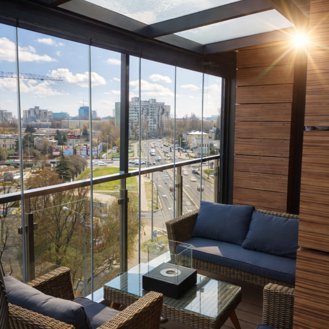 Zabudowy balkonów w systemie bezramowym BFS – szklana osłona przed wiatrem