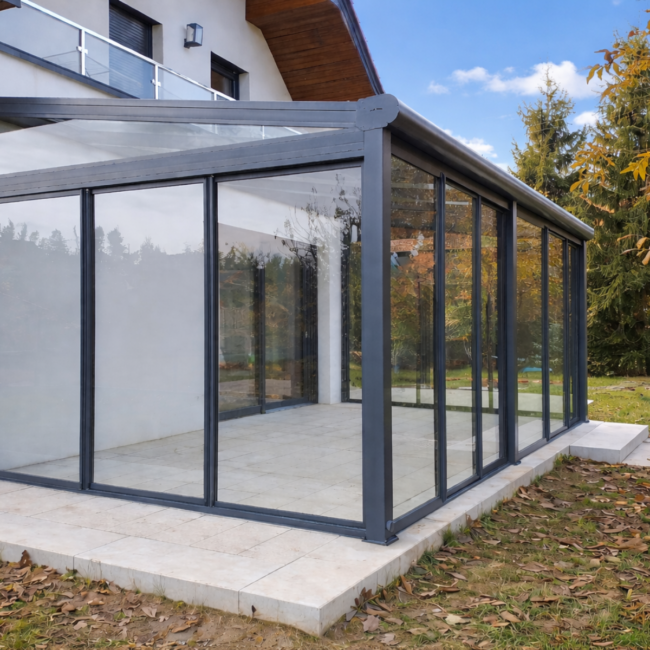 Zadaszenie tarasu w Jabłonnej Drugiej ze szklanym dachem i zabudową ramową