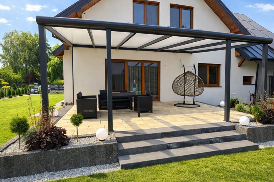 Zadaszenie tarasu w Grodzisku Mazowieckim z mlecznym poliwęglanem komorowym 16 mm