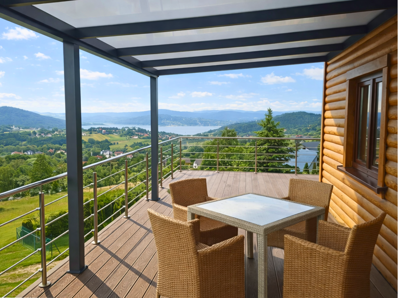 Zadaszenie tarasu w Mucharzu z widokiem i dachem z mlecznego poliwęglanu