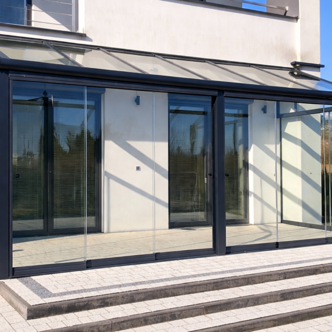 Zadaszenie tarasu w Lubartowie montowane do czoła balkonu ze szklanym dachem