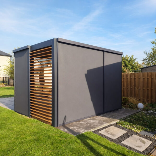 Pergola lamelowa w Kocku z bocznymi lamelami winchester i roletami ZIP