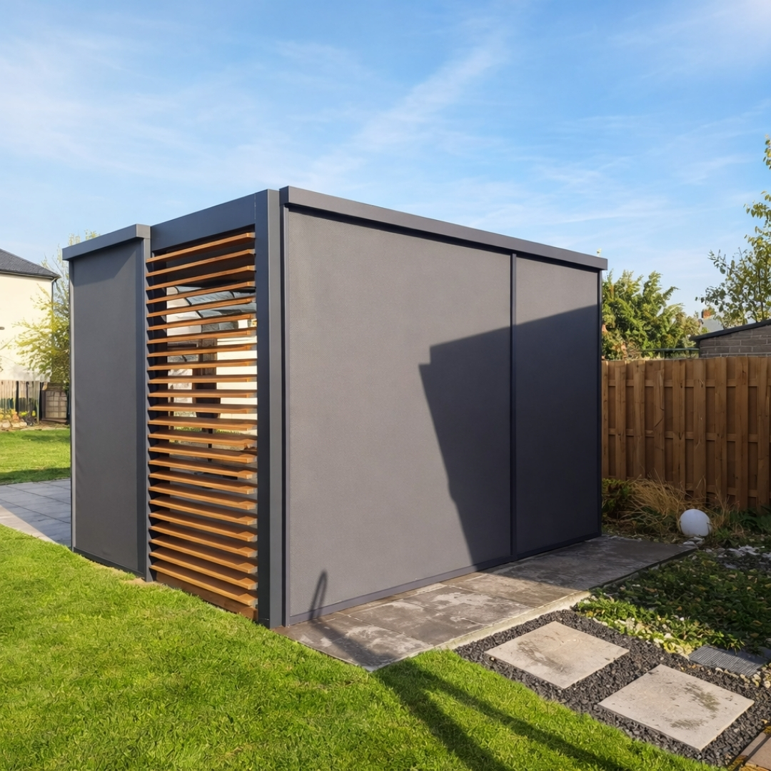 Pergola lamelowa w Kocku z bocznymi lamelami winchester i roletami ZIP