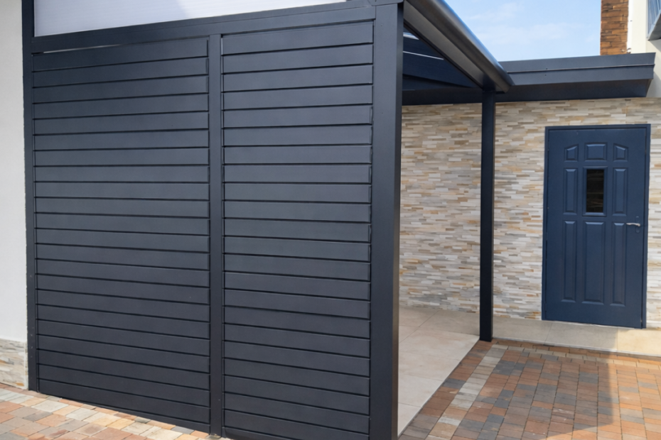 Zadaszenie wejścia do domu w Przedmieściu Szczebrzeszyńskim z poliwęglanem i bocznymi lamelami